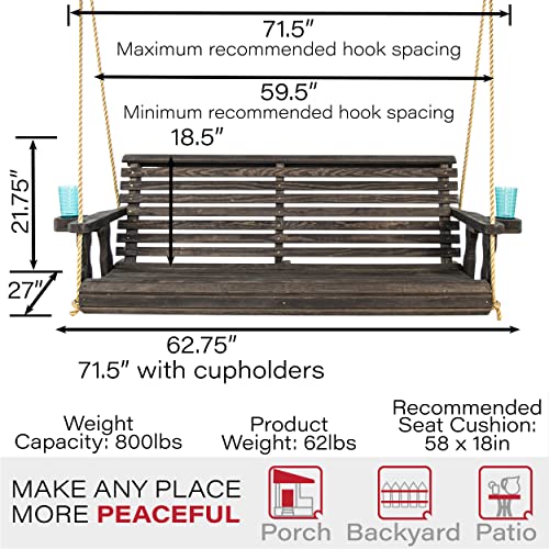 Amish Casual Heavy Duty 800 Lb Roll Back Treated Porch Swing with Hanging Ropes and Cupholders (5 Foot, Semi-Solid Black Stain) - WoodArtSupply