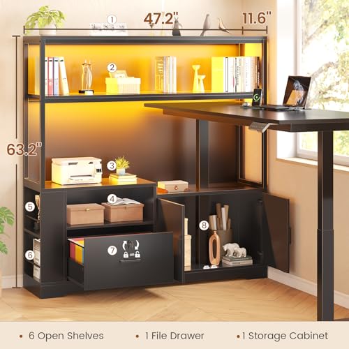 SEDETA 56.7" L Shaped Standing Desk, Reversible Computer Office Desk with Drawers & Hutch, Stand Up Corner Gaming Desks with LED Lights & Power Outlets for Home Office, Black SEDETA
