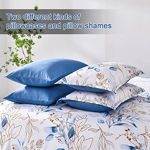WONGS BEDDING Blue Comforter Set Full, 7 Pieces Botanical l Reversible Bed in a Bag Golden Blue Leaves Bedding Set Soft Microfiber (1 Comforter,2 Pillowcase,2 Pillow Shams,1 Flat Sheet,1 Fitted Sheet) WONGS BEDDING