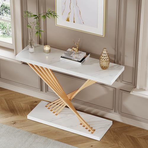 UNIQUITE 39.4 Inch Gold Console Table, White Faux Marble Modern Entryway Table Sofa Tables Behind The Couch for Entrance Hallway Living Room, X-Shape UNIQUITE