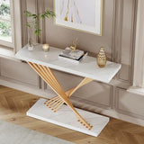UNIQUITE 39.4 Inch Gold Console Table, White Faux Marble Modern Entryway Table Sofa Tables Behind The Couch for Entrance Hallway Living Room, X-Shape UNIQUITE