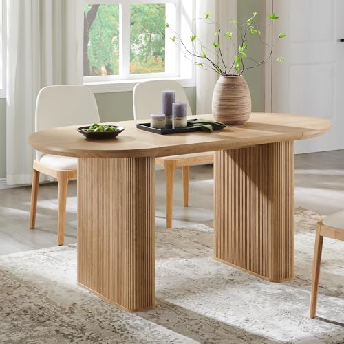T4TREAM 63" Fluted Oval Dining Table for 4-6, Mid-Century Modern Kitchen Table with Thickened Edge & Strip Pedestal Base, Wood Luxury Table for Dining Room/Kitchen/Home Office,Natural Oak(Table Only) T4TREAM