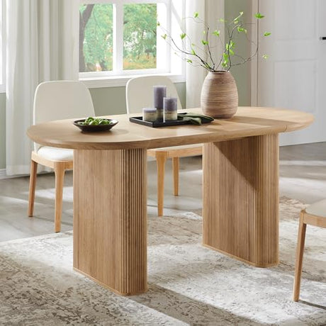 T4TREAM 63" Fluted Oval Dining Table for 4-6, Mid-Century Modern Kitchen Table with Thickened Edge & Strip Pedestal Base, Wood Luxury Table for Dining Room/Kitchen/Home Office,Natural Oak(Table Only) T4TREAM