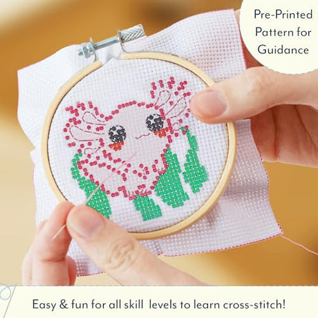 GAMAGO Axolotl Stamped Cross Stitch Kit for Beginners – Pre-Printed DIY Embroidery Craft Set with Hoop, Fabric, Floss, Needles & Instructions – Cute Animal Needlework Kit for Teens & Adults GAMAGO