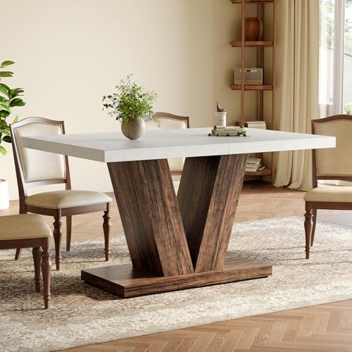 LITTLE TREE 47 Inches Dining Table for 4, Modern Dining Room Tables, White Rectangle Kitchen Table with Rustic Brown V-Shaped Pedestal, Wooden Dinner Table for Dining Room, Kitchen, Living Room LITTLE TREE