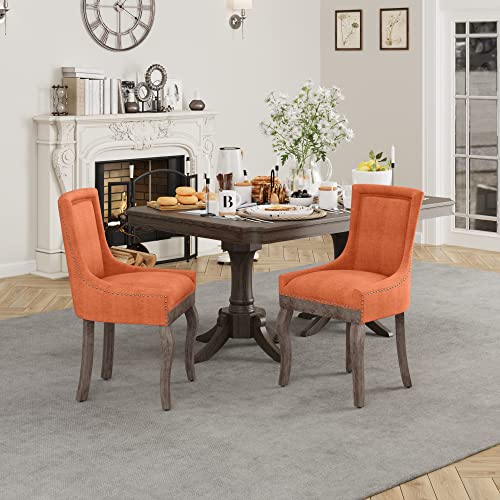 Aoowow Fabric Farmhouse Upholstered Side Chairs Set of 2, Vintage Solid Wood Kitchen Dining Room Chairs with Nailheads Solid Wood Legs (Orange) Aoowow