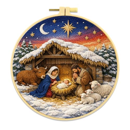 Zhenqing Nativity Embroidery Kit for Beginners, Pre-Printed 29x29cm Circular Cotton Fabric with 20cm Hoop, Christmas Nativity Scene Design for Holiday Decor (JC0025