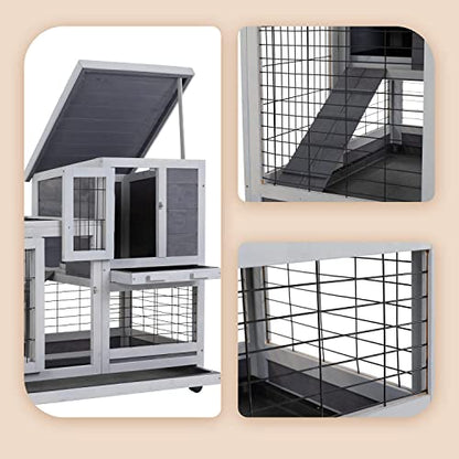 Rabbit Hutch Indoor and Outdoor Rabbit Cage 37 Inch Wide Wooden Hutch House Guinea Pig Cage with Wheels Rolling Large Hutch Cage,Grey - WoodArtSupply