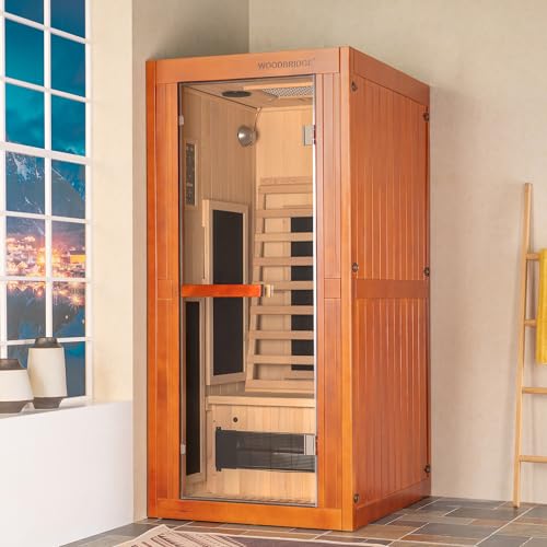 Woodbridge Infrared Home Sauna Room 1 Person Japanese Cedar Indoor Sauna with 7 Carbon Heaters, Red Light Therapy, Bluetooth Speaker, Intelligent Control Panel, Tempered Glass & Top Vent WOODBRIDGE
