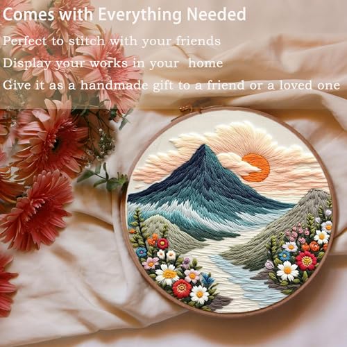 FONNUY Embroidery Kit for Beginners, Flower Hill Nature Landscape Pre-Stamped Pattern Kits for Adults with Hoop, Easy to Follow Color Thread Needlework, 8'' Hoop (Teal Blue)