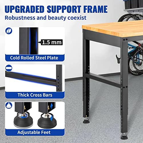 VEVOR Workbenches, 11-Level Adjustable Workbench with 2000 LBS Load Capacity, 48" L X 20" W Work Benches with Power Outlets & Metal Frame & Foot Pads, Hardwood Work Bench for Office Home Garage VEVOR