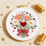 Zhenqing Love Heart Bouquet Embroidery Kit for Beginners, Pre-Printed 29x29cm Cotton Fabric with 20cm Hoop, Sweet Floral Design with Bow and Daisies (C0237)
