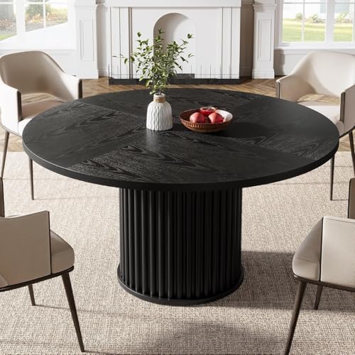 Tribesigns 47.24-Inch Black Round Dining Table for 4-6 People, Modern Fluted MDF + Metal Base Kitchen Table, Sturdy Circle Dining Room Furniture, Black Tribesigns