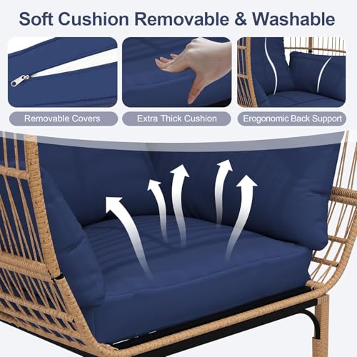 TrailBlaze Wicker Egg Chair, Oversized Patio Chair with Thick Cushion, Steel Frame and Metal Base, Waterproof, PE Rattan Lounge Chair for Indoor & Outdoor Patio, Living Room, and Backyard - Blue TrailBlaze