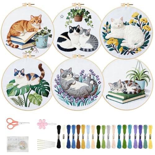 FREEBLOSS 6 Set Embroidery Kit Cat and Flower Stamped Embroidery Starter Kit with Step by Step Instructions, Colored Threads, 2 Hoops, Needlepoint Kits for Hand Craft Lovers Gift, 30cm/11.8inch