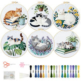 FREEBLOSS 6 Set Embroidery Kit Cat and Flower Stamped Embroidery Starter Kit with Step by Step Instructions, Colored Threads, 2 Hoops, Needlepoint Kits for Hand Craft Lovers Gift, 30cm/11.8inch