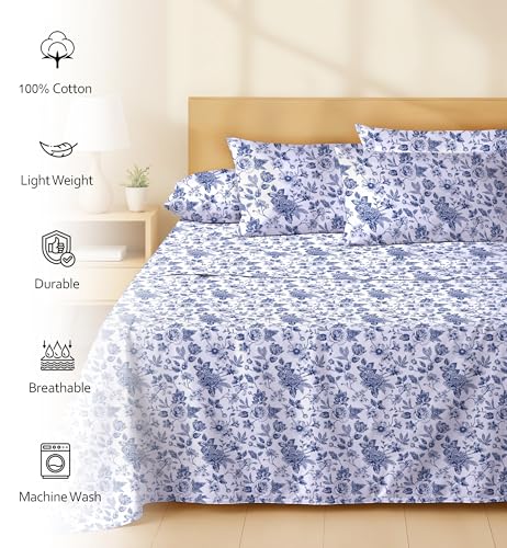 RUVANTI 6 Pcs Cotton Sheets - 100% Natural Cotton Soft, Lightweight & Breathable Crispy Percale Bed Sheets, Queen Sheet Set 16" Deep Pockets, Wild Flower RUVANTI