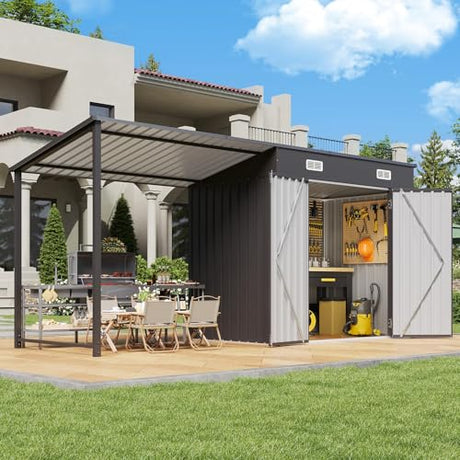 Aoxun 6x4FT Outdoor Storage Shed & Hardtop Gazebo Combo, 12x4FT Metal Lean to Shed with Open-Sided Pergola, Durable Garden Tool Shed for Patio, Backyard, Deck Aoxun