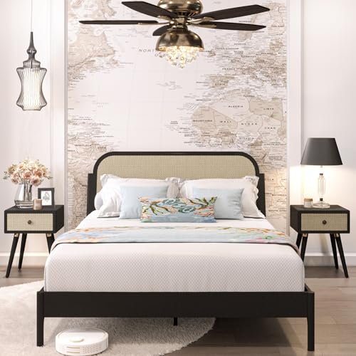 Aurelia Queen Size Bed Frame - Stylish Black Bohemian & Mid Century Modern Design with Solid Wood Support - WoodArtSupply