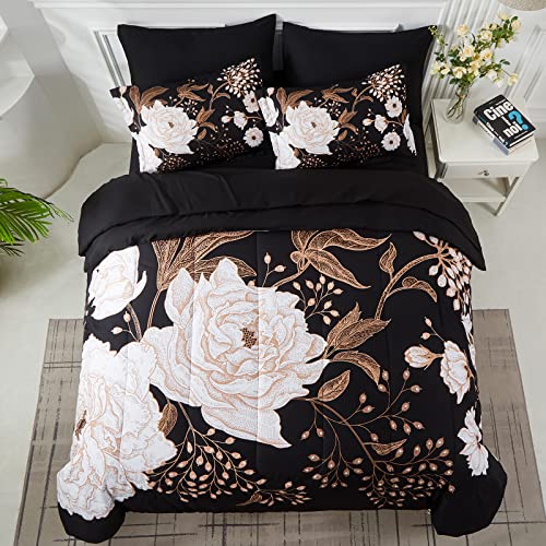 Yogeneg 7 Piece Bed in a Bag King Size Comforter Set Botanical Floral Bedding Set,White Flower Leaves Printed on Black Reversible Design,Soft Microfiber Comforter with Sheet Set,All Season(Black,King) Yogeneg