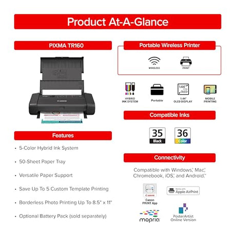 Canon PIXMA TR160 Wireless Portable Printer, 50-Sheet Paper Tray and 1.44" Display Canon