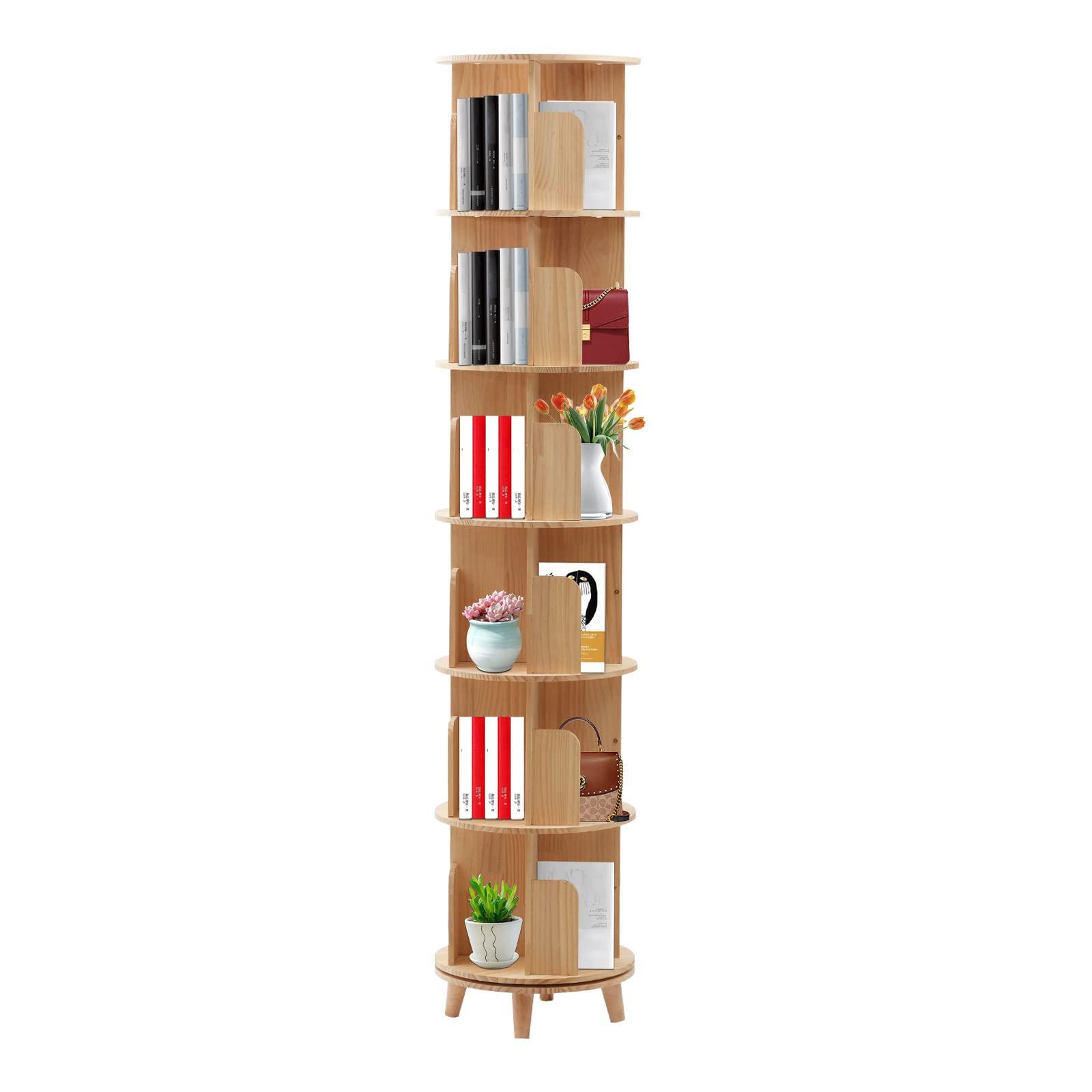 6-Tier Rotating Wood Bookshelf - Multi-Functional 360° Floor Standing Organizer for Kids & Adults - WoodArtSupply