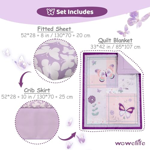 Wowelife Girl Crib Bedding Set, Butterfly Baby Girl Nursery Bedding Set, Premium Purple Baby Bedding Set, Baby Girl Cot Bed Set Include Quilted Comforter, Crib Skirt and Crib Sheet, Purple Wowelife