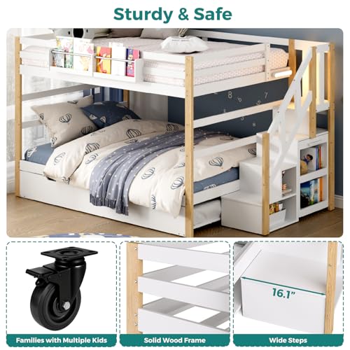 Wooden Full Over Full Bunk Bed with Trundle, Storage Stairs & Convertible Fold-Out Desk, Durable Solid Wood Frame, No Box Spring Required, Ideal for Kids, Teens & Adults (White + Natural Wood, Full) smilesun