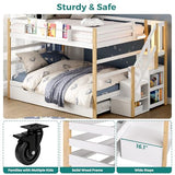 Wooden Full Over Full Bunk Bed with Trundle, Storage Stairs & Convertible Fold-Out Desk, Durable Solid Wood Frame, No Box Spring Required, Ideal for Kids, Teens & Adults (White + Natural Wood, Full) smilesun