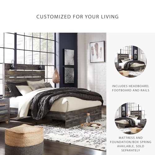 Signature Design by Ashley Drystan Rustic Queen Panel Bed, Sconce LED Lights, USB Ports and Nailheads, Foundation or Box Spring Needed, Dark Brown & Gray Signature Design by Ashley
