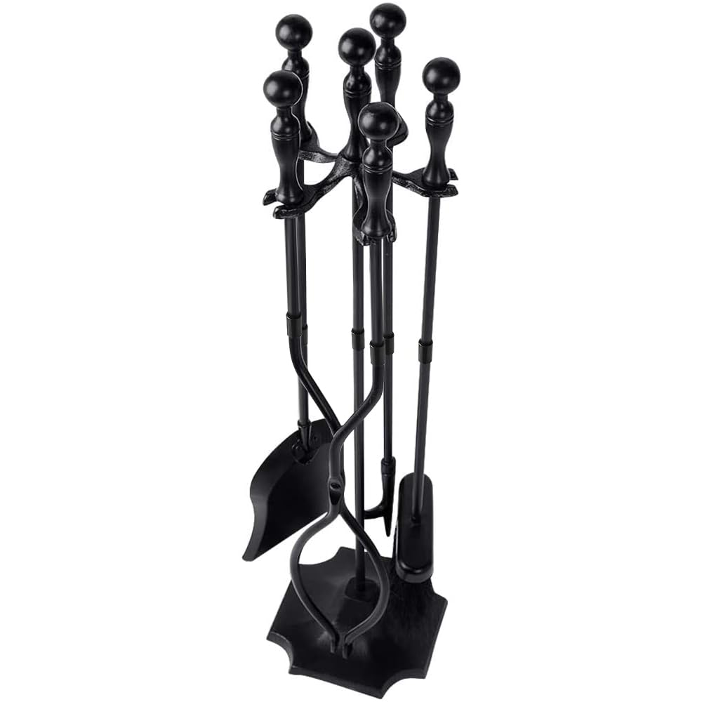 AMAGABELI GARDEN & HOME 5 Pcs Fireplace Tools Sets Black Handle Wrought Iron Large Fire Tool Set and Holder Outdoor Fireset Fire Pit Stand AMAGABELI GARDEN & HOME