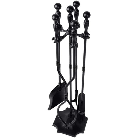 AMAGABELI GARDEN & HOME 5 Pcs Fireplace Tools Sets Black Handle Wrought Iron Large Fire Tool Set and Holder Outdoor Fireset Fire Pit Stand AMAGABELI GARDEN & HOME