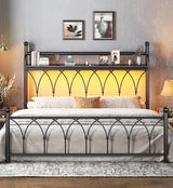 EnHomee 54" King Bed Frame with Tall Storage Headboard, Metal King Size Bed Frame with LED Lights and Power Outlets, Sturdy & Noise-Free, Metal Slats, No Box Spring Needed, Black EnHomee