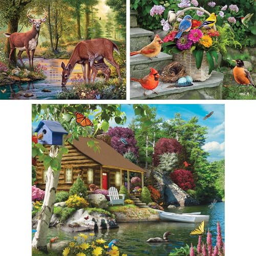 Bits and Pieces 3 Jigsaw Puzzle Set - 100 Piece Puzzles for Adults - Nature Scenes Set - 15" x 19" Jigsaw Puzzles - Birds Log Cabin Deer - Random Die Cut Pieces No 2 are Alike Bits and Pieces