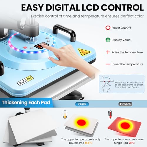 AKEYDIY 8 in 1 Heat Press with Tumbler Attachment 12 x 15 Inch Press W/Light Up PrimePress Sublimation Heat Press Machine Multifunction Swing Away Shirt Printing Heat Press for T-Shirts Cap & Mugs AKEYDIY