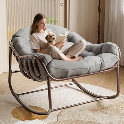 GarveeLife Outdoor Papasan Rocking Chair, Oversized Wicker Lounge Chair with Cushion and Metal Frame, Patio Rattan Egg Rocker for Balcony Backyard Porch Bedroom, Grey