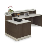 NBF L-Shaped Modern Reception Desk with Counter - 79" W x 63" D Retail Checkout Station - Curved Front Desk Reception Counter - Countertop Welcome Desk for Office Lobby Salon Store (Walnut) nbf signature series