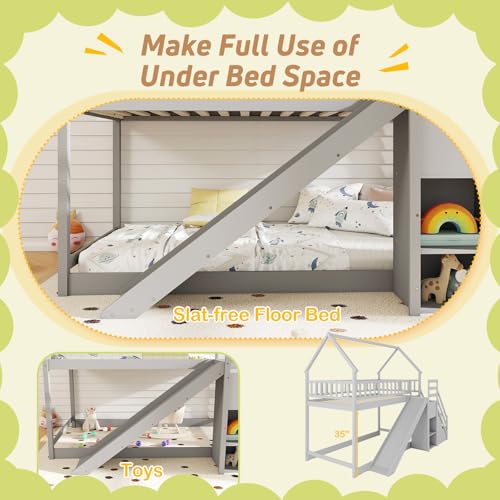 Giantex House Bunk Bed Twin Over Twin with Slide & Stairs, Wood Bunk Bed with Storage Shelves, No Box Spring Needed, Twin Floor Bed for Kids Teens Boys Girls (Grey) Giantex