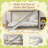 Giantex House Bunk Bed Twin Over Twin with Slide & Stairs, Wood Bunk Bed with Storage Shelves, No Box Spring Needed, Twin Floor Bed for Kids Teens Boys Girls (Grey) Giantex