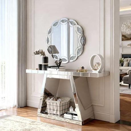 Goujxcy 2 Piece Silver Mirrored Console Table and Round Wall Mirror Set, 55.9" Rectangle Luxury Mirrored Entryway Sofa Table and 31.5" Crush Diamond Wall Mirror Set for Living Room Hallway Entrance Goujxcy