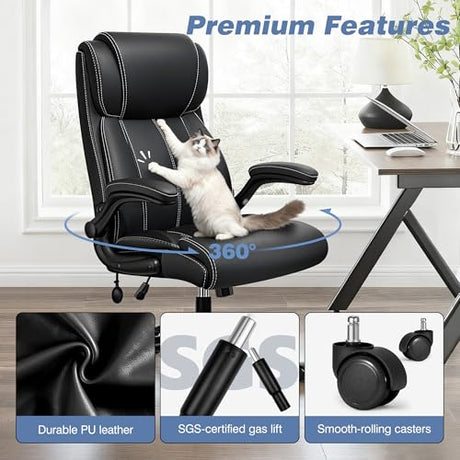 BESTFAIR Ergonomic Office Chair - Desk Computer Chair, Leather High Back Executive Chairs with Adjustable Lumbar Support & Flip Up Arms, Rocking, Black BESTFAIR