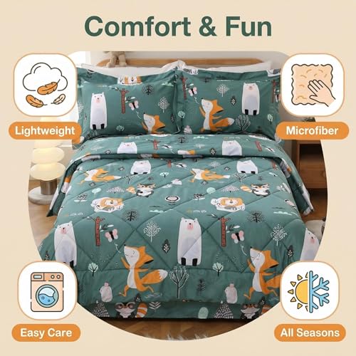 JSD Green Forest Animals Kids Comforter Set Queen Size, 3 Piece Woodland Printed Microfiber Bedding Set, Machine Washable JSD