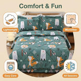 JSD Green Forest Animals Kids Comforter Set Queen Size, 3 Piece Woodland Printed Microfiber Bedding Set, Machine Washable JSD