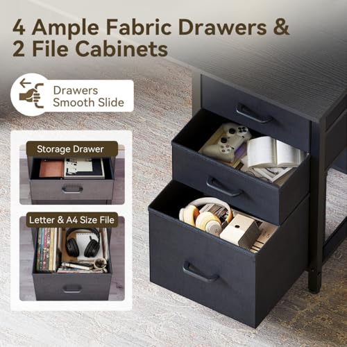 ODK 63 Inch Office Desk with 6 Fabric Drawers, Large Computer Desk for Home Office with Hidden Storage Shelves, Black ODK
