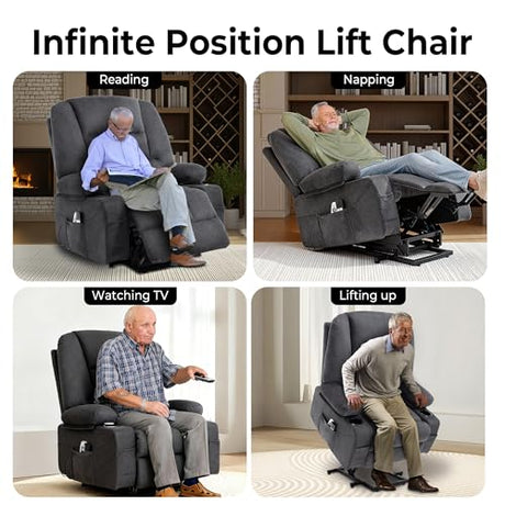 KCQ Overstuffed Electric Recliner Chairs for Adults with Cup Holder and USB Port, Fabric Power Lift Recliner Chair with Heat and Massage for Elderly Seniors, Grey KCQ