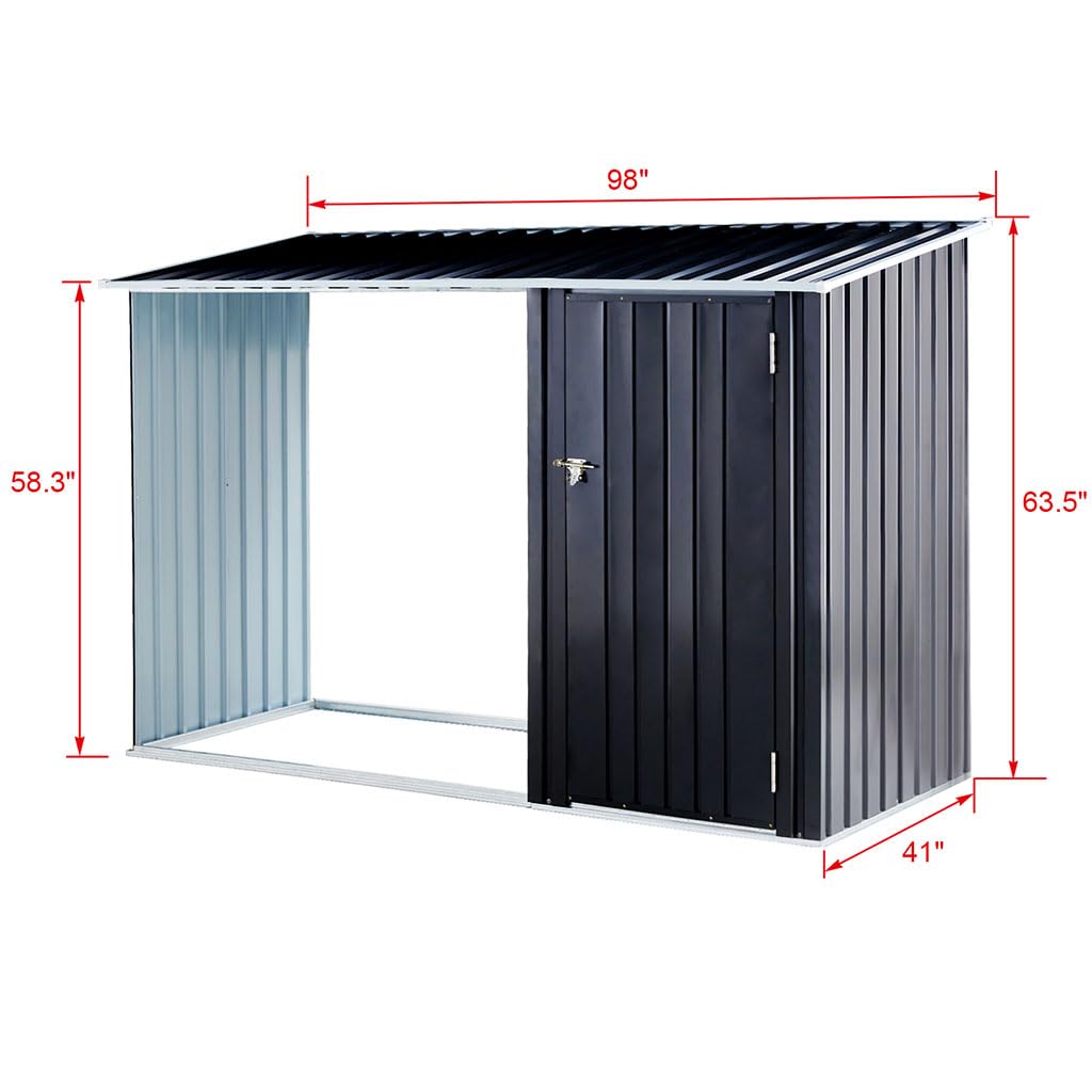 CWKISS 2-in-1 Outdoor Garden Storage Shed with Firewood Rack, Heavy Duty Galvanized Steel Tool Shed with Sloped Roof, Weather-Resistant Backyard Storage for Tools, Equipment & Firewood CWKISS