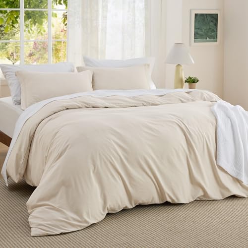 Bedsure Textured Duvet Cover Queen Size - Cotton-Like Polyester Jacquard Duvet Cover Set for All Seasons - 3 Pieces Ultra Soft Bedding Set with 2 Pillow Shams, NO Comforter (Beige, Queen, 90"x90") Bedsure