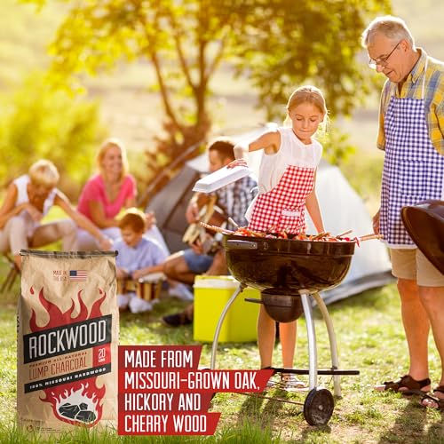 Rockwood Natural Lump Charcoal - Oak, Hickory & Cherry Hardwood Blend for High-Heat Grilling & Slow Smoking - Clean Burning BBQ Charcoal - No Fillers - Made in USA - 20 lbs (2 Packs) Rockwood