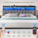 Welzona King Size Bed Frame with Headboard, Metal Platform Bed with LED Lights & Charging Station, 2-Tier Storage, Sturdy and Easy Assembly, Under Bed Storage, No Box Spring Needed, Noise Free, Black Welzona