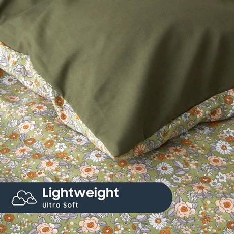 Wake In Cloud - Floral Comforter Set, Cute Vintage Flower Cottagecore Aesthetic for Women Teen Girls, Soft Lightweight Dorm Bedding, 3 Pieces, Olive Green, Twin/Twin XL Size Wake In Cloud